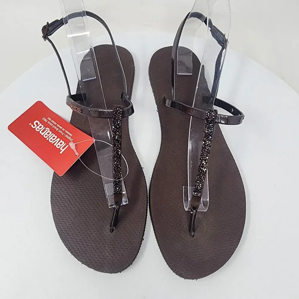 Havaianas You Riviera Crystal Sandals Women 11/12 Dark Brown T-Strap NWT